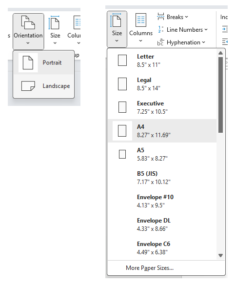 Page Orientation and Size options in Word